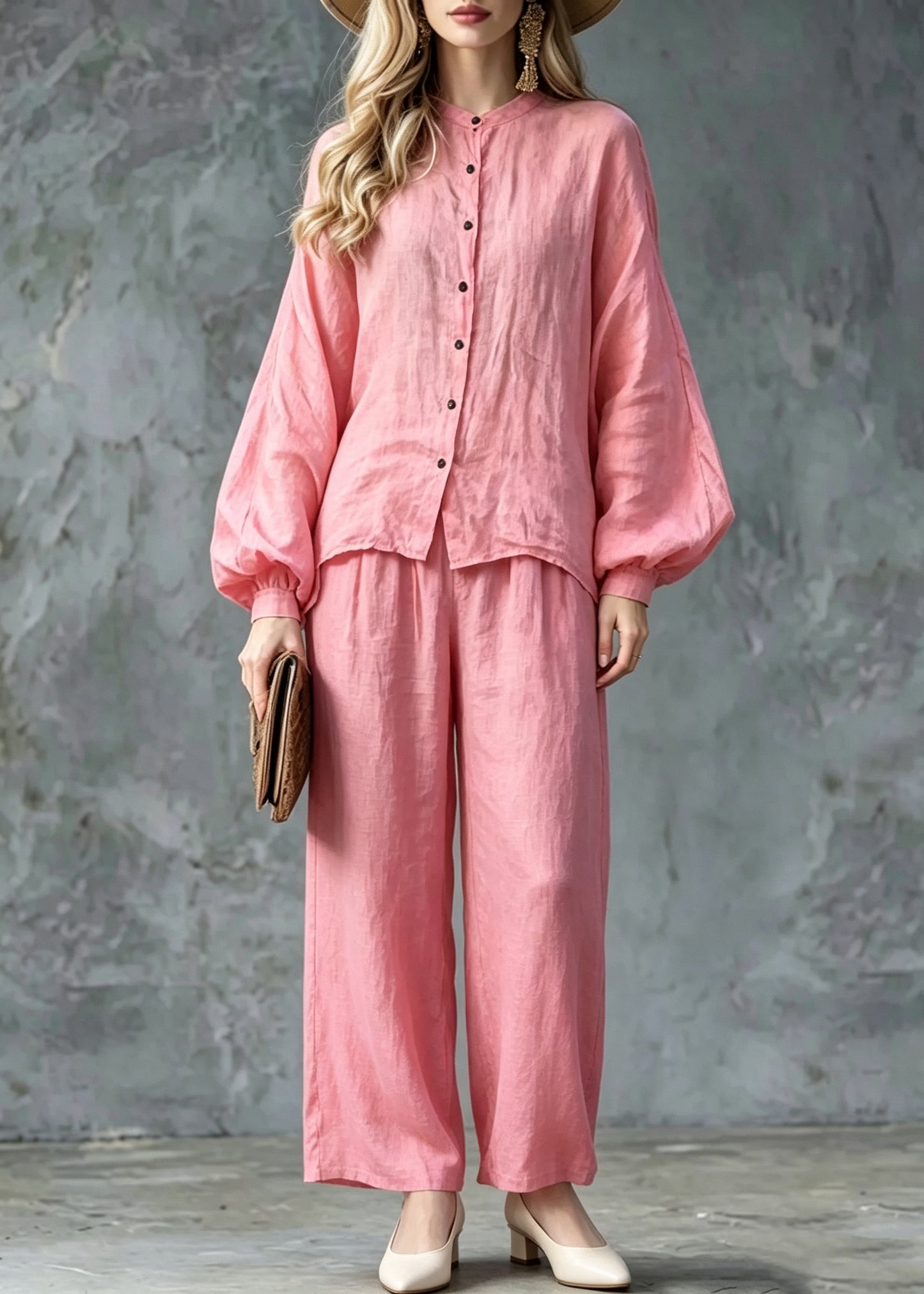 Women Pink O-Neck Button Shirts And Wide Leg Pants Two Pieces Set Lantern Sleeve