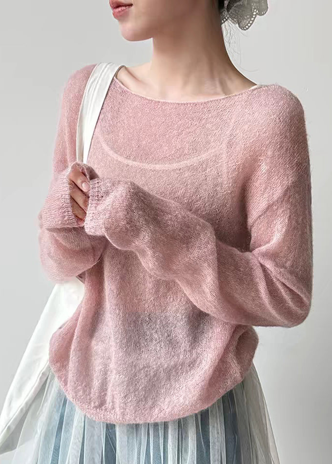 Women Pink O-Neck Ma Hai Mao Knit Top Spring