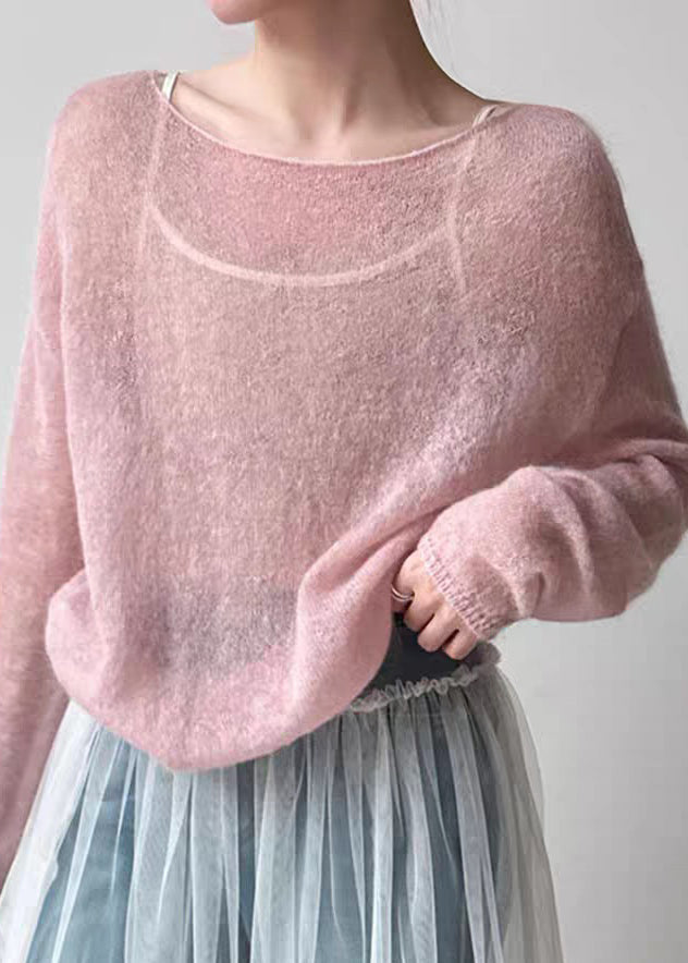 Women Pink O-Neck Ma Hai Mao Knit Top Spring