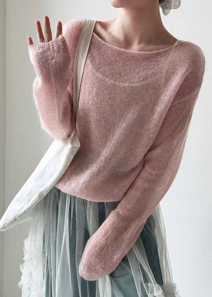 Women Pink O-Neck Ma Hai Mao Knit Top Spring