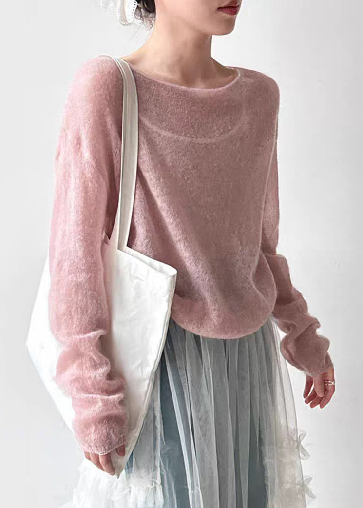 Women Pink O-Neck Ma Hai Mao Knit Top Spring