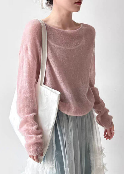 Women Pink O-Neck Ma Hai Mao Knit Top Spring