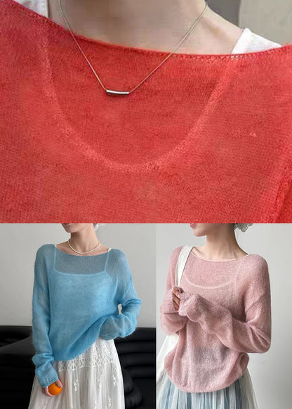 Women Pink O-Neck Ma Hai Mao Knit Top Spring