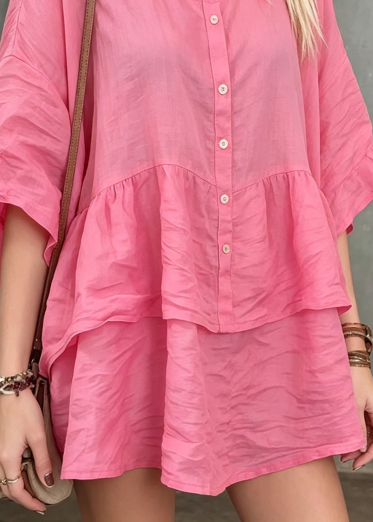 Women Pink O Neck Patchwork Loose Cotton Top Summer