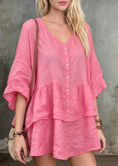 Women Pink O Neck Patchwork Loose Cotton Top Summer
