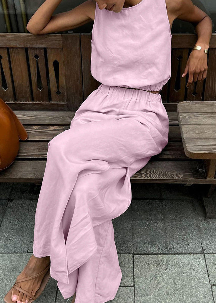 Women Pink O-Neck Side Open Linen 2 Piece Outfit Sleeveless