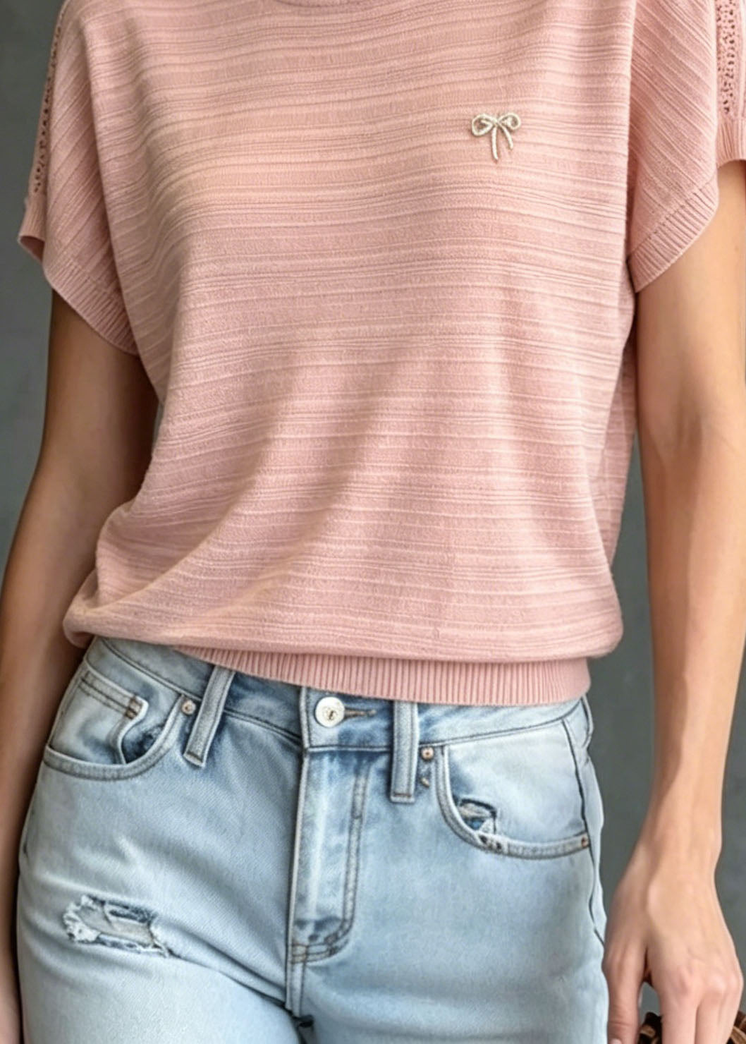 Women Pink O Neck Zircon Ice Silk Knit T Shirts Summer