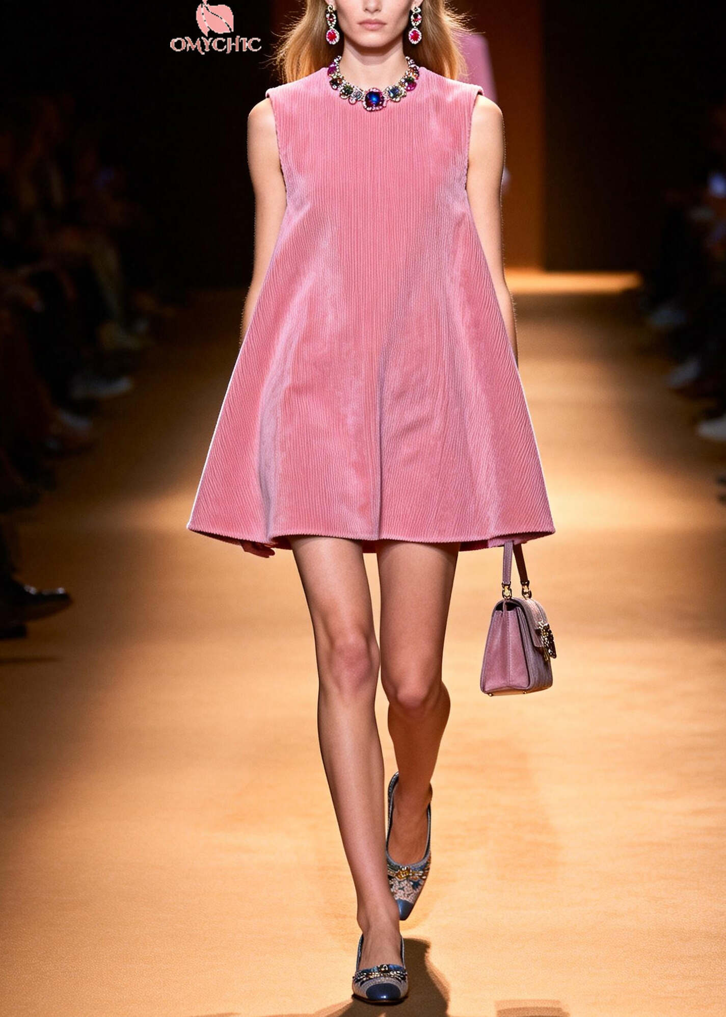 Women Pink Oversized Corduroy A Line Dress Sleeveless