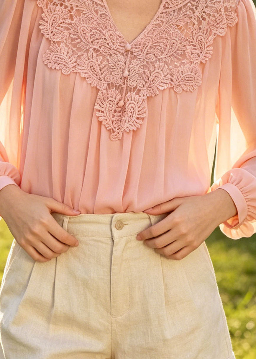 Women Pink Oversized Patchwork Lace Chiffon Blouses Summer