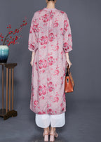 Women Pink Oversized Print Linen Maxi Dresses Bracelet Sleeve
