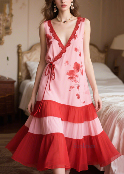 Women Pink Patchwork Tie Waist Chiffon Maxi Dresses Sleeveless