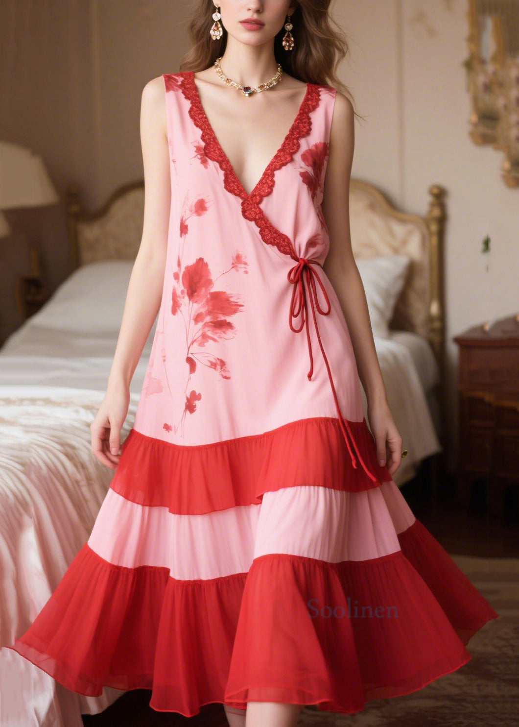 Women Pink Patchwork Tie Waist Chiffon Maxi Dresses Sleeveless