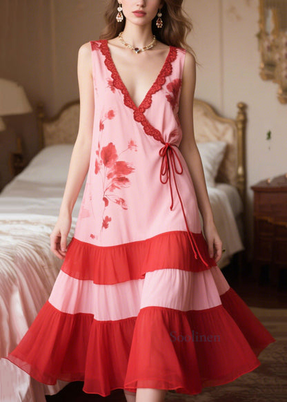 Women Pink Patchwork Tie Waist Chiffon Maxi Dresses Sleeveless