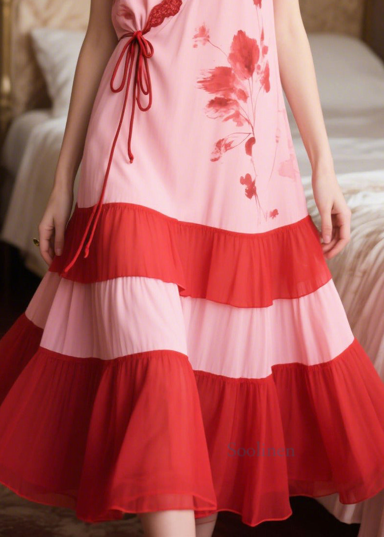 Women Pink Patchwork Tie Waist Chiffon Maxi Dresses Sleeveless