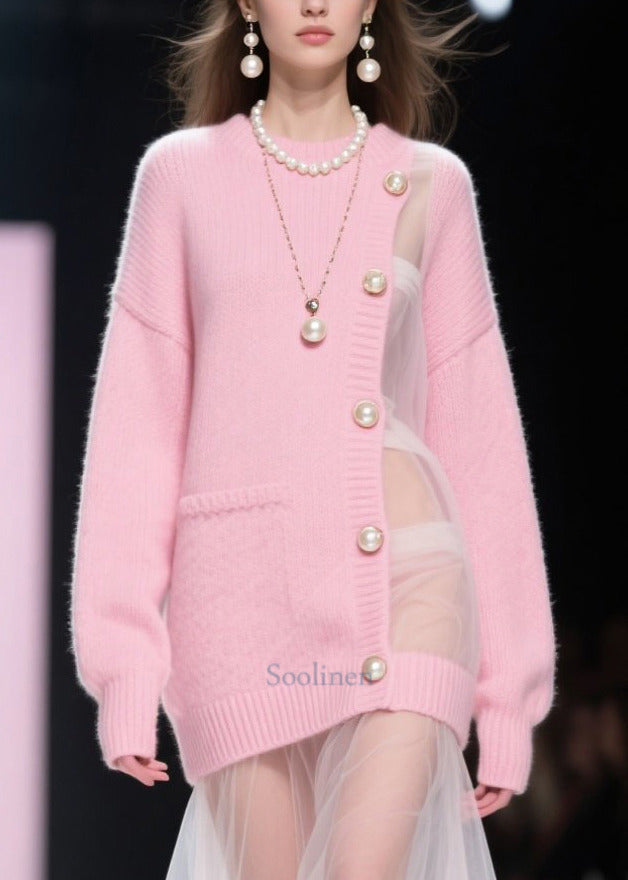 Women Pink Patchwork Tulle Pearl Knitted Dress Fall