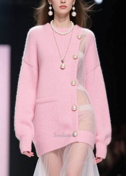 Women Pink Patchwork Tulle Pearl Knitted Dress Fall