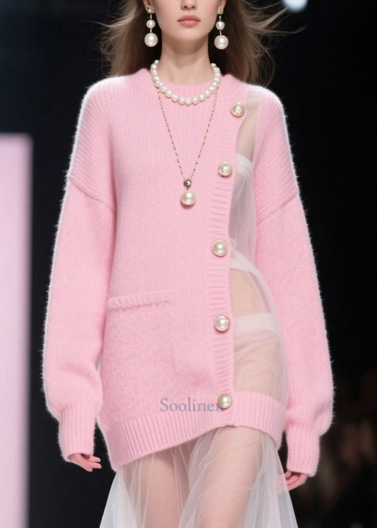 Women Pink Patchwork Tulle Pearl Knitted Dress Fall