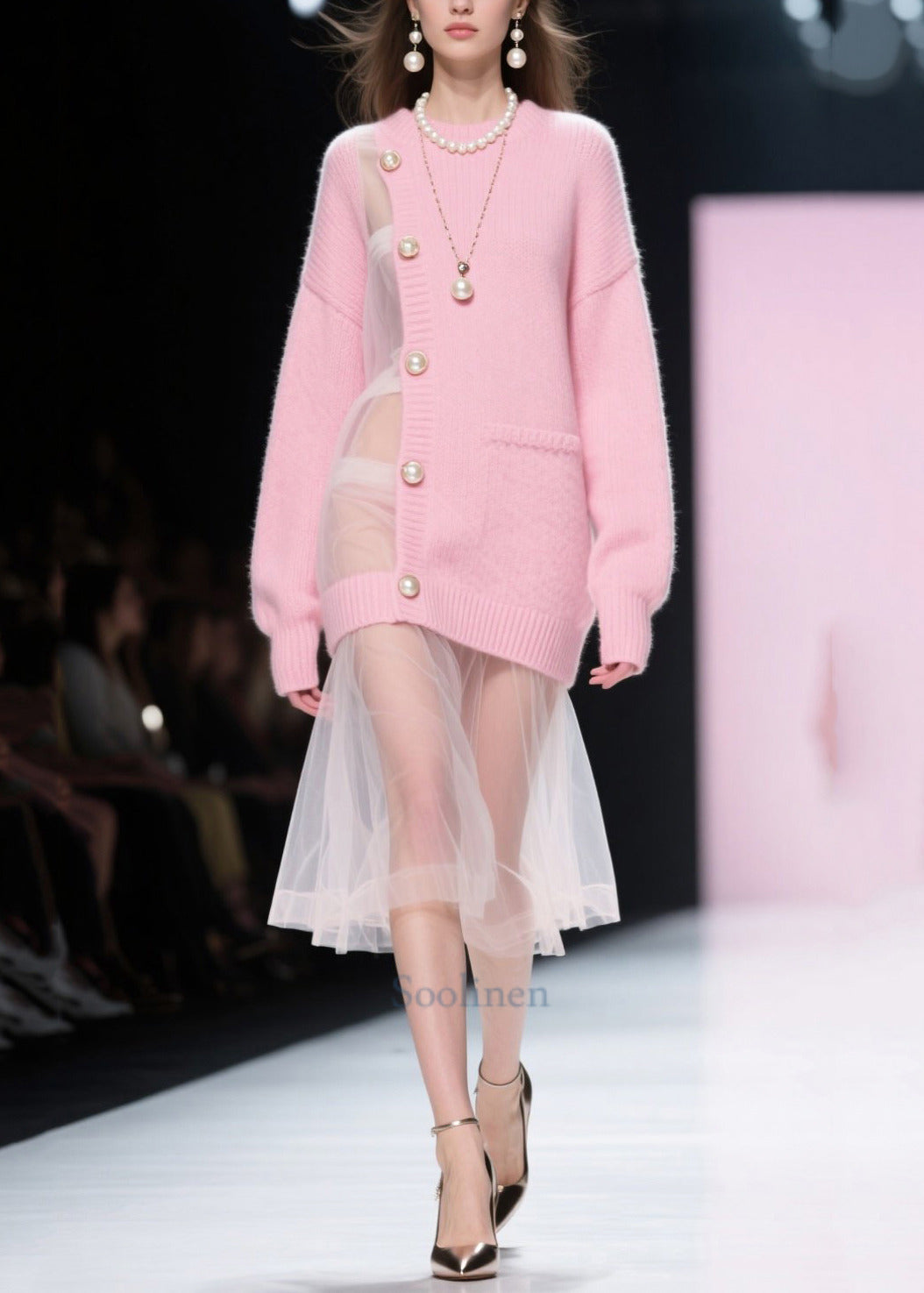 Women Pink Patchwork Tulle Pearl Knitted Dress Fall