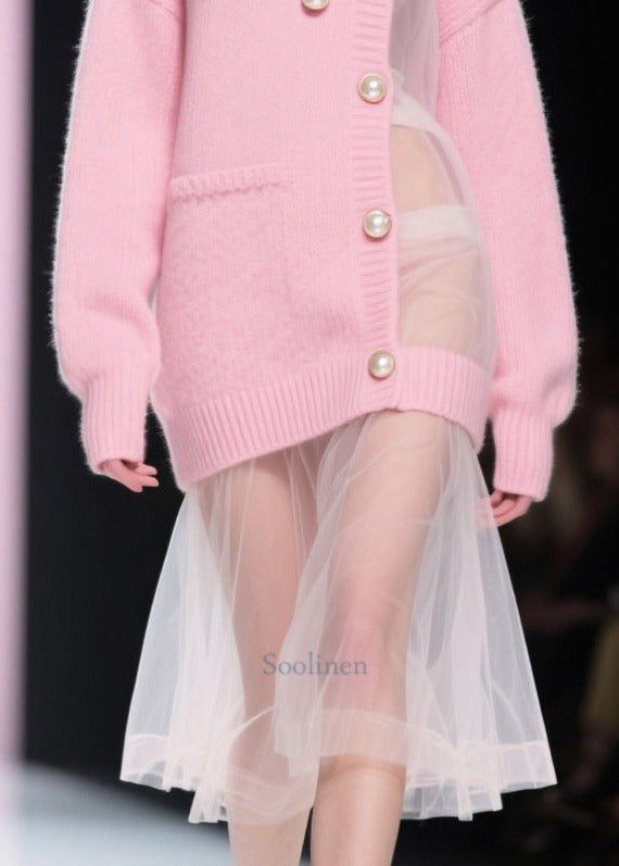 Women Pink Patchwork Tulle Pearl Knitted Dress Fall