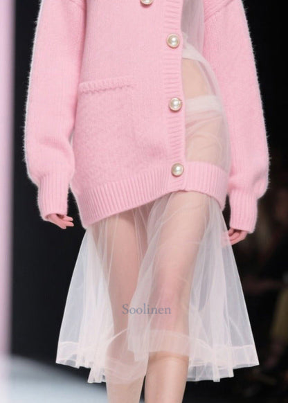 Women Pink Patchwork Tulle Pearl Knitted Dress Fall