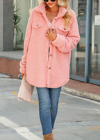 Women Pink Peter Pan Collar Button Faux Fur Coat Fall