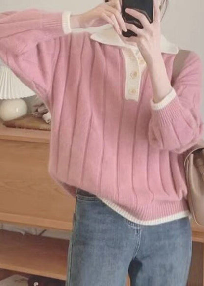Women Pink Peter Pan Collar Patchwork Cozy Knit Sweaters Fall