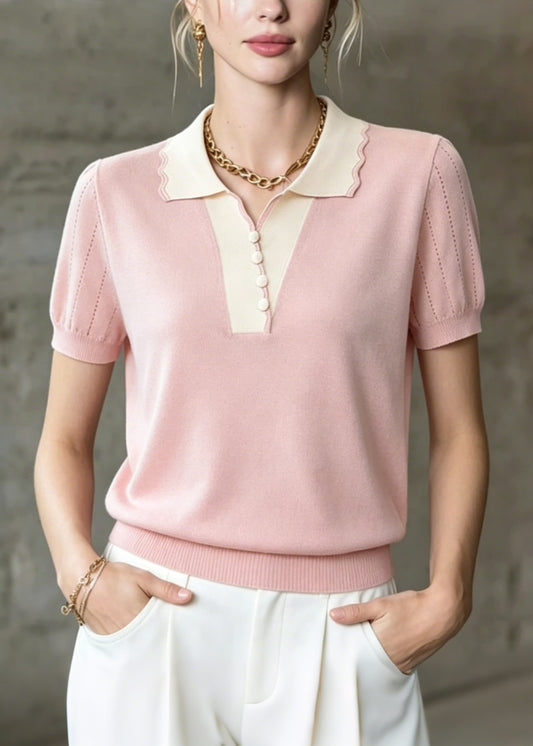 Women Pink Peter Pan Collar Patchwork Ice Silk Knit Tops Summer