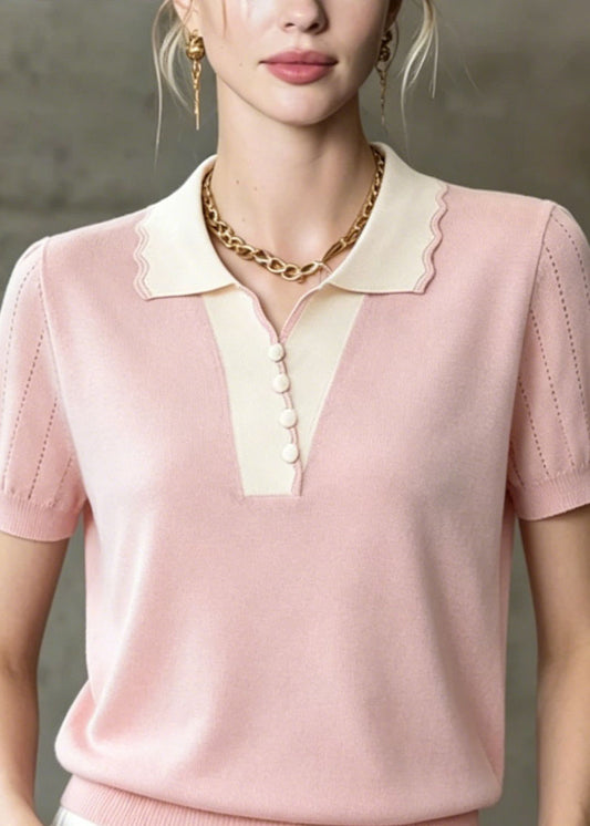 Women Pink Peter Pan Collar Patchwork Ice Silk Knit Tops Summer