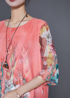 Women Pink Print Draping Chiffon Fake Two Piece Dresses Summer