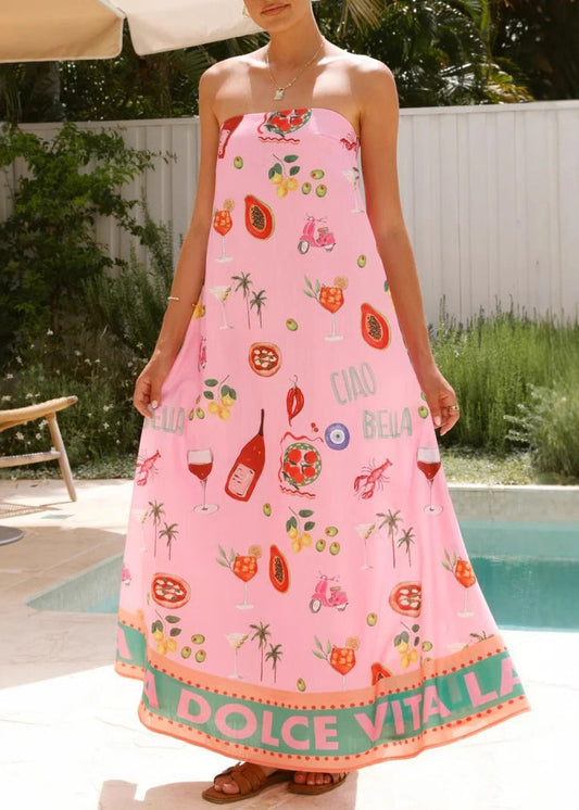 Women Pink Print Strapless Cotton Vacation Maxi Dress