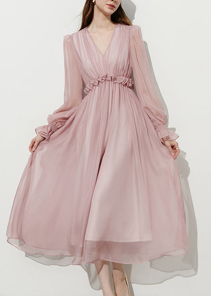 Women Pink Ruffled Chiffon Holiday Dress Summer