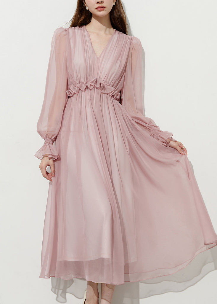Women Pink Ruffled Chiffon Holiday Dress Summer
