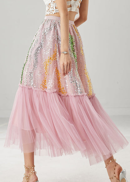 Women Pink Sequins Patchwork Tulle Skirts Spring