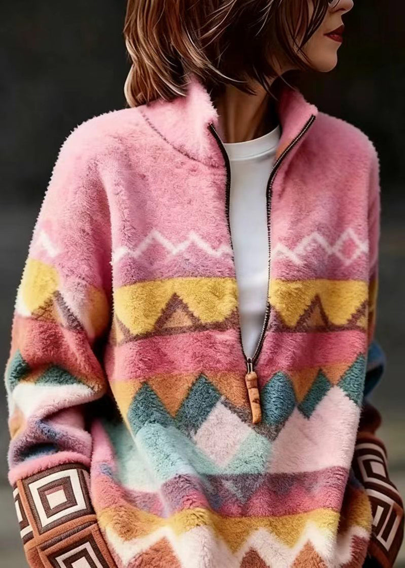 Women Pink Stand Collar Zippered Sweater Fall
