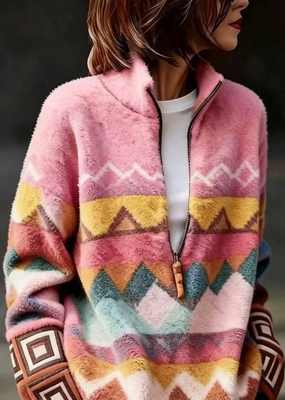 Women Pink Stand Collar Zippered Sweater Fall