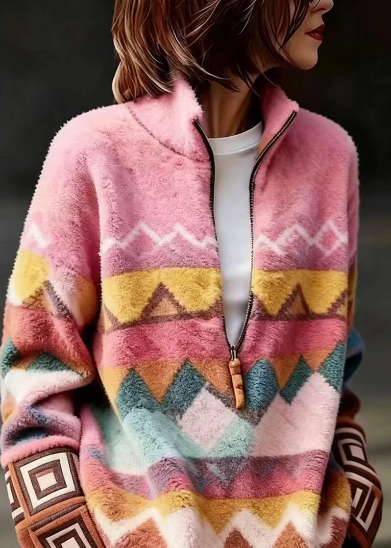 Women Pink Stand Collar Zippered Sweater Fall