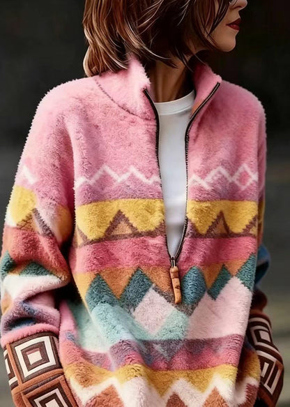 Women Pink Stand Collar Zippered Sweater Fall