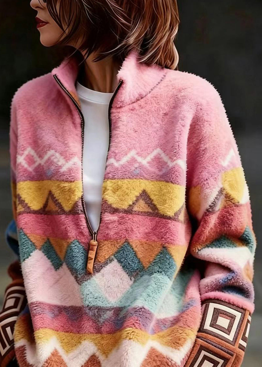 Women Pink Stand Collar Zippered Sweater Fall