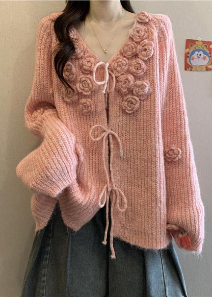 Women Pink Stereoscopic Floral Thick Knit Cardigan Fall