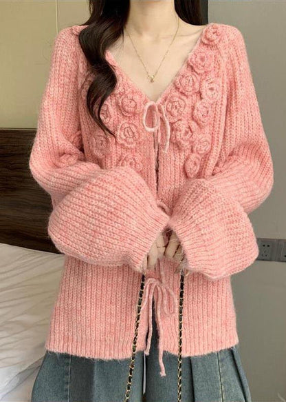 Women Pink Stereoscopic Floral Thick Knit Cardigan Fall