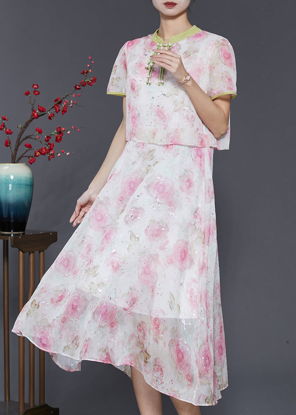 Women Pink Tasseled Patchwork Print Silk Dress Summer