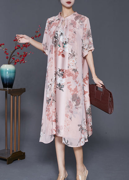 Women Pink Tasseled Print Silk Maxi Dress Summer