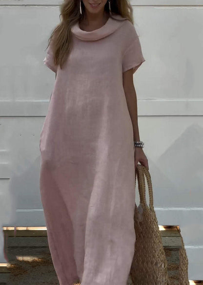 Women Pink Turtle Neck Patchwork Solid Vacation Long Dresses Summer
