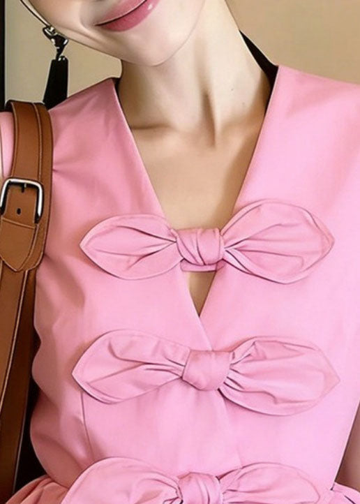 Women Pink V Neck Bow Cotton Shirts Sleeveless