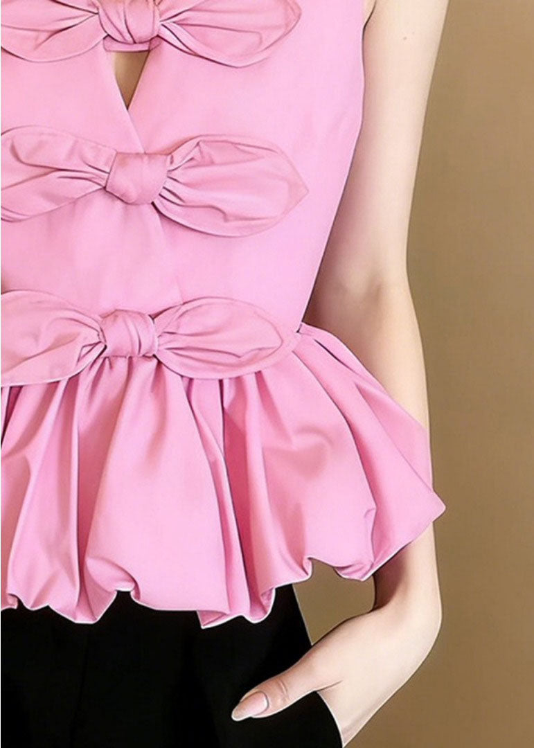 Women Pink V Neck Bow Cotton Shirts Sleeveless