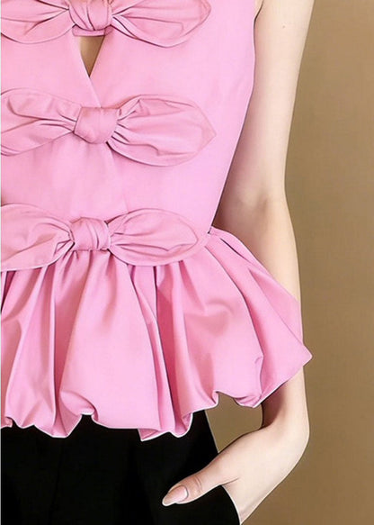 Women Pink V Neck Bow Cotton Shirts Sleeveless