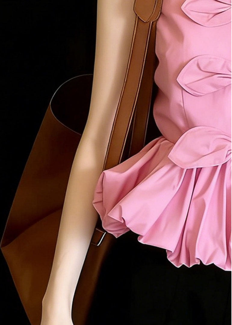 Women Pink V Neck Bow Cotton Shirts Sleeveless
