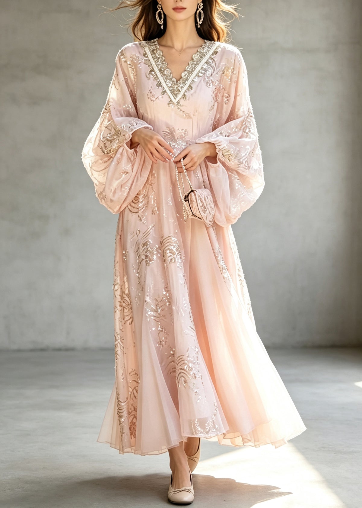 Women Pink V Neck Embroidered Patchwork Silk Maxi Dress Lantern Sleeve