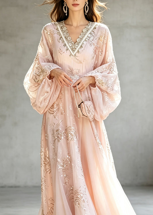 Women Pink V Neck Embroidered Patchwork Silk Maxi Dress Lantern Sleeve