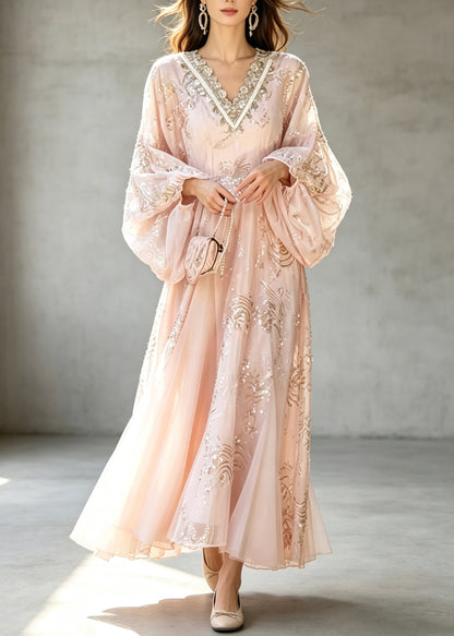 Women Pink V Neck Embroidered Patchwork Silk Maxi Dress Lantern Sleeve